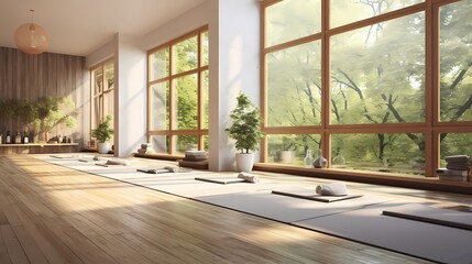 Zen-inspired yoga studio featuring spoty decor, natural wood floors, and large windows overlooking a tranquil garden