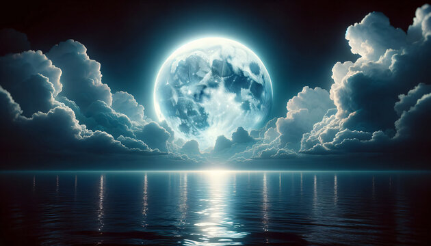 Super moon and clouds over the sea at night, in a 16_9 aspect ratio. The super moon, Created by using generative AI tools	
