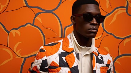 A man wearing sunglasses stands confidently in front of a vibrant orange wall.