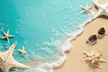 Fototapeta na wymiar Sea background with stars, shells, sunglasses. The ocean shore with sand, water and waves.