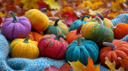 Colorful knitted pumpkins on a pastel cloth signaling the arrival of autumn - obrazy, fototapety, plakaty