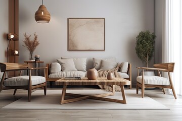 Wooden furniture in a contemporary living room with a blank wall as a backdrop