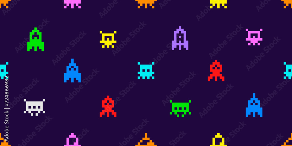 Poster Vector Pixel Art 8-bit space arcade style seamless pattern colorful retro video game icons background of ufo aliens and spaceships