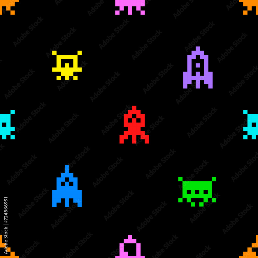 Poster Vector Pixel Art 8-bit space arcade style seamless pattern colorful retro video game icons background of ufo aliens and spaceships	
