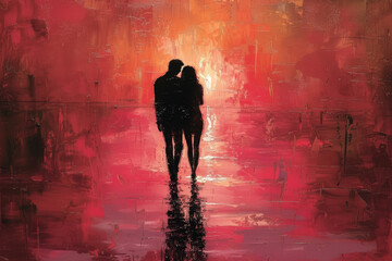 Silhouette of a couple embracing in a vibrant red abstract setting, conveying warmth and love.