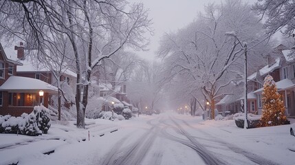Snowy street in a residential neighborhood