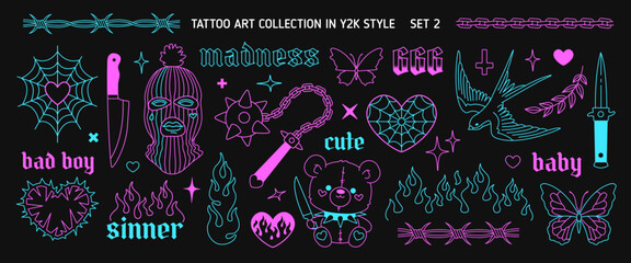 Y2k neon tee print set 1 in 1999s 2000s style. Y2k opium style heart, butterfly, chain, heart, sallow, apparel printsdesign Goth Tattoo line art stickers. Printable vector designs - obrazy, fototapety, plakaty