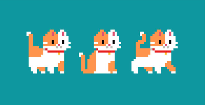 Orange and White Cat or Kitten in pixel art - isolated vector. Cute kawaii style pixel cats in retro 8-bit game style. Cute pixel spots kitten for prints, icons, puzzle and mosaic design