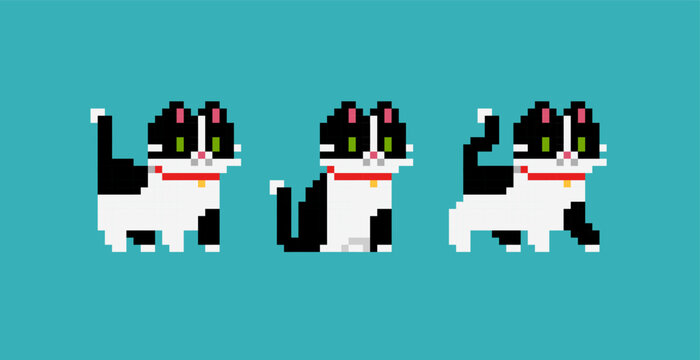 Black and White Cat or Kitten in pixel art - isolated vector. Cute kawaii style pixel cats with white and black spots. Cute pixel kitten design for stickers, icons, puzzle and mosaic 