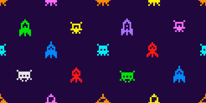 Vector Pixel Art 8-bit space arcade style seamless pattern colorful retro video game icons background of ufo aliens and spaceships