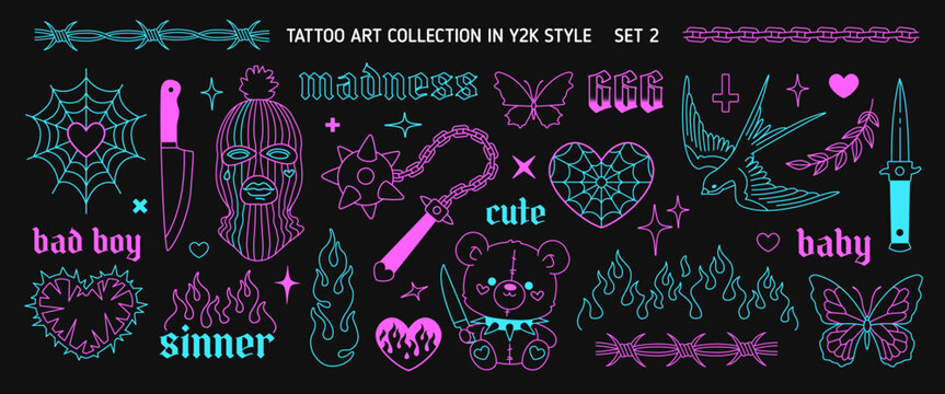 Y2k neon tee print set 1 in 1999s 2000s style. Y2k opium style heart, butterfly, chain, heart, sallow, apparel printsdesign Goth Tattoo line art stickers. Printable vector designs