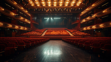 Grand auditorium with luxurious red velvet seats and a spotlighted stage ready for a performance.
