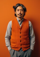 Fototapeta premium A professional man wearing a vest and tie stands confidently in front of a vibrant orange wall.