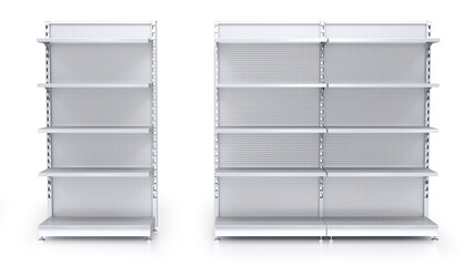 Empty retail five shelves racks. 3d illustration set