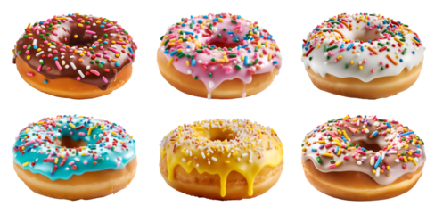 Collection of round donut doughnut, glazed sprinkles set, side view on transparent background cutout, PNG file. Many assorted different. Mockup template for artwork