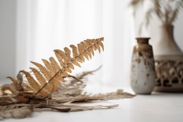 On a white wooden table with a white background, a dried fern is displayed