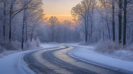 Obraz premium Winter wonderland with a snowy path winding through frost-covered trees at sunrise.