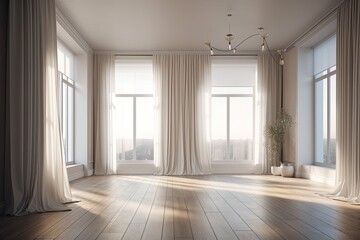 White walls, a parquet floor, a large panoramic window, and sunlight fill an empty space