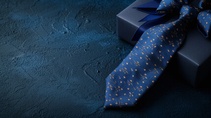 Elegant Father's Day gift with a stylish tie and luxury wrapping on a festive background.