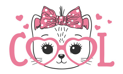 Cute cat girl face with pink heart glasses. Cool slogan text for t-shirt graphics, fashion prints and other uses