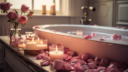 Fototapeta na wymiar Rose petals in the bathroom. Romance.