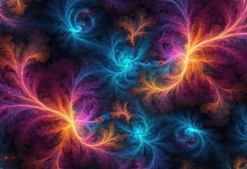 Glasschilderij Fractale golven A space-themed wallpaper featuring vibrant neon fractals