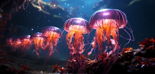 AI-created bio-luminescent jellyfish drifting through an endless void of darkness, creating a mesmerizing aquatic spectacle