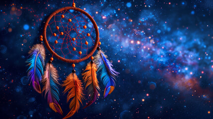A celestial dreamcatcher with vibrant feathers against a starry sky backdrop. - obrazy, fototapety, plakaty