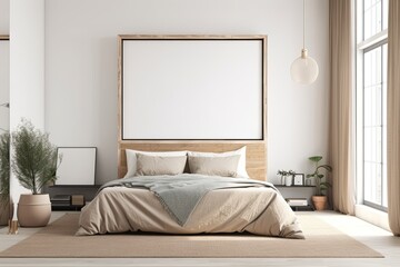 Large bed in a beige bedroom that has a horizontal poster hanging over it and a big window. an angle. a mockup