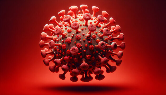 Corona virus, A 3D rendering of a generic virus on a red background, representing a virology concept, Created by using generative AI tools	
