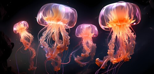 AI-created bio-luminescent jellyfish drifting through an endless void of darkness, creating a mesmerizing aquatic spectacle