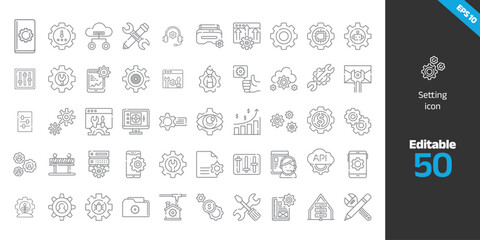 Gear setting vector icon set. Settings icon set. Border and stroke icon collection.