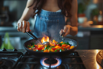 Asian girl cooks on gas. Concept of reducing gas use to reduce emissions into the atmosphere - obrazy, fototapety, plakaty