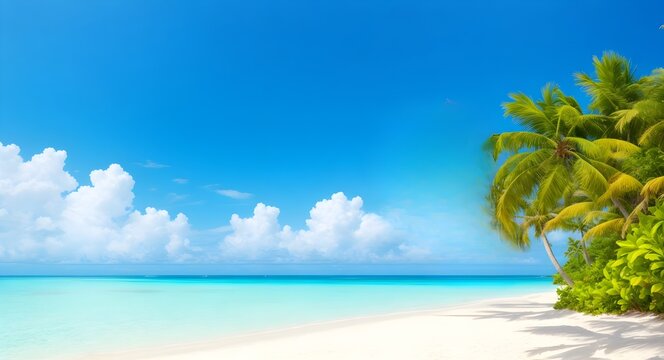 Beautiful beach with few palm trees and blue sky