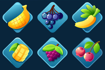 Cartoon Fruit Game Icons For Casino Slot Machine, Gambling, Lotteries Or Puzzle Ui Elements. Grape, Bananas Or Cherry