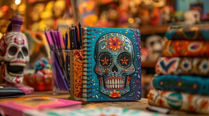 Fototapeta premium Colorful Skull on Blue Table, Day of The Dead