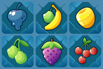 Cartoon Fruit Game Icons For Casino Slot Machine, Gambling, Lotteries Or Puzzle Ui Elements. Grape, Bananas Or Cherry