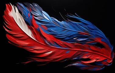 A vibrant feather displaying the colors red, white, and blue, captured on a solid black background.