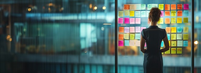 professional woman stares at a glass wall covered with colorful sticky notes. A planning concept, brainstorming or agile methodology in a business or creative environment. - obrazy, fototapety, plakaty