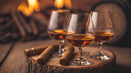 Cigar And Cognac, Glass of whiskey or cognac with ice cubes and smoking a cigar, cognac brandy on a wooden background, A glass with whiskey and a cigar next to it on a beautiful wooden, Generative Ai, - obrazy, fototapety, plakaty