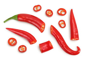 red hot chili pepper with slices isolated on white background. Top view. Flat lay.