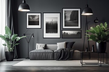 Interior space with four picture frames on the wall, no furniture, and a simple monochrome black and metallic silver color scheme