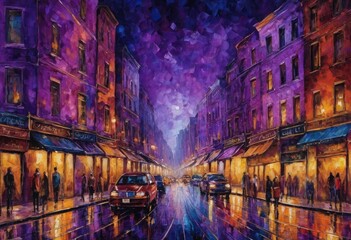 stylish multicolored painting of a bustling city street at night on a textured wallpaper with a deep purple color.