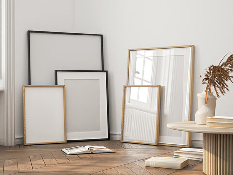 Frame mockup, ISO A paper size. Living room wall poster mockup. Interior mockup with house background. Modern interior design. 3D render
