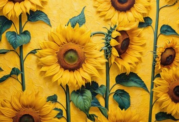 stylish multicolored painting of a field of sunflowers on a textured wallpaper with a bright yellow color - obrazy, fototapety, plakaty