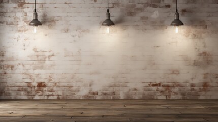 cool background wall from use with film or video, three lights hang from the ceiling with a vintage painted brick wall, loft of an old building or garage, distressed but interesting and beautiful - Powered by Adobe