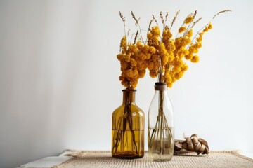Autumnal yellow flowers in a bottle and reeds on a white backdrop