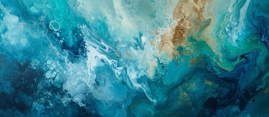 Abstract image with a blue, dirty surface, brown textile, green fluid pattern, sea liquid splash, azure retro print, ocean painting, feminine shawl, and banner.