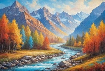 stylish multicolored painting of a mountain landscape with a river running through it on a textured wallpaper with a light blue color - obrazy, fototapety, plakaty