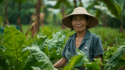 Content Asian Farmer Amidst Fresh Greens